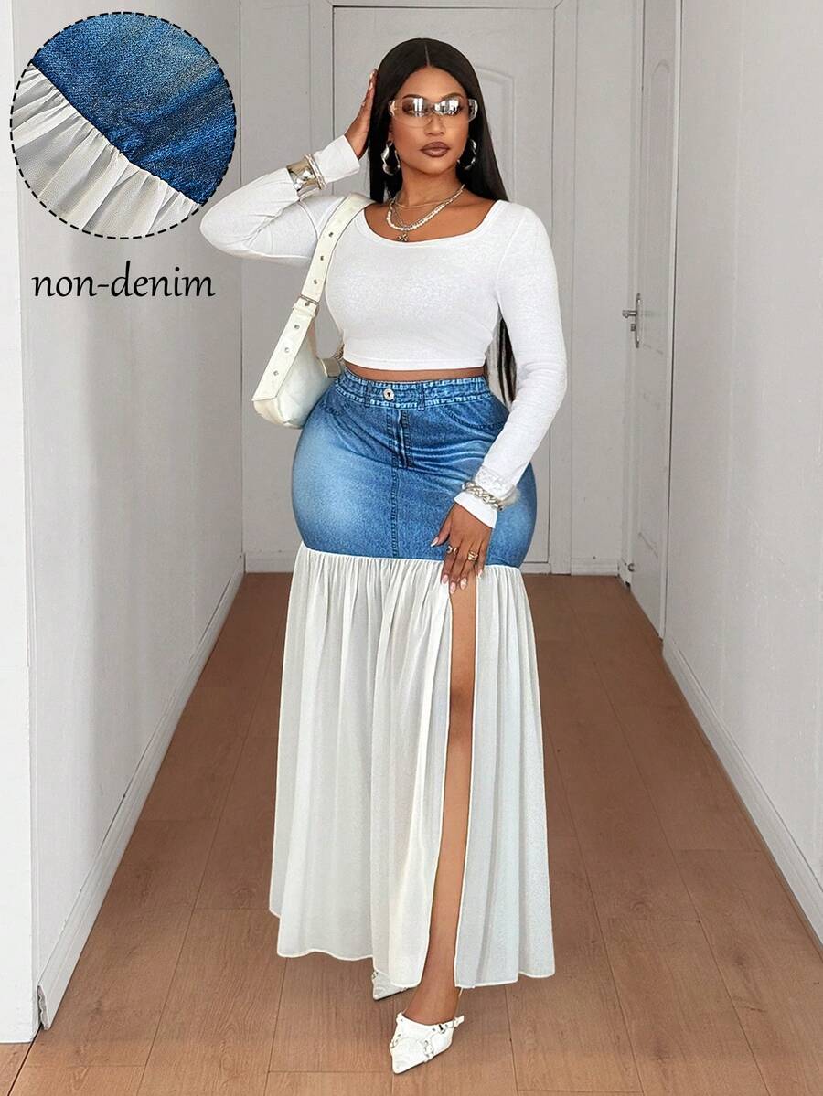 Maweii 春夏秋三季牛仔效果针织雪纺拼接修身设计高品质时尚大码女裙 - 彩色 - 查看 1