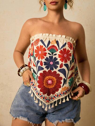 Travachic Plusstorlek beskuren topp, kvinnor sommar blommig lös tubtopp