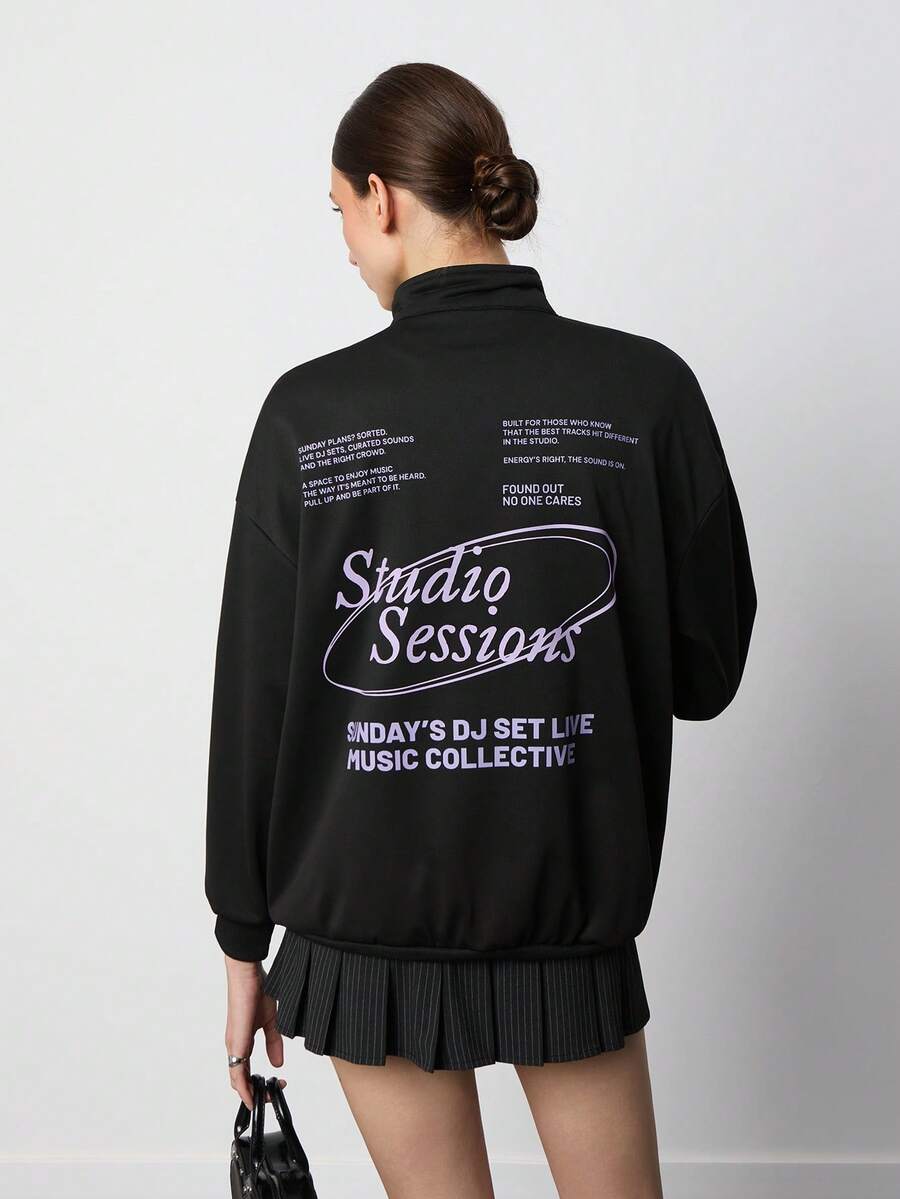 SURIMA Stylish 's Half Placket Zipper Detail Sweatshirt With Letter Pattern Stand Collar And Long Drop Shoulder Sleeves - Black - View 1