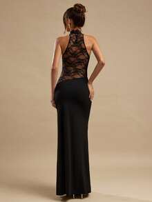 SHEIN BAE Black Lace Plunging Neck Bodycon Dress, Black Lace Dress - Black - View 2