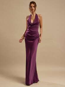 SHEIN BAE Plum Color Ruched Draped Neck Elegant Fitted Maxi Satin Dress, Suitable For Bridesmaid, Social Events, Weddings, Brunch, Summer Mauve Formal Dress Sexy Long Dress Deep V Dress Purple Formal Dress Women - Burgundy - View 3