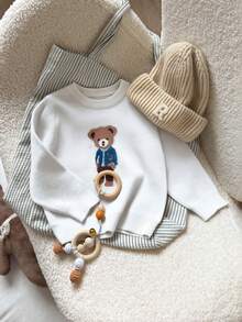 SHEIN Playful Pals Young Boy Fashionable Cute Crew Neck Long Sleeve Cartoon Bear Jacquard Regular Sweater, Suitable For Outings, Travel, Vacation, Home, Daycare, And Children's Play - White - View 8