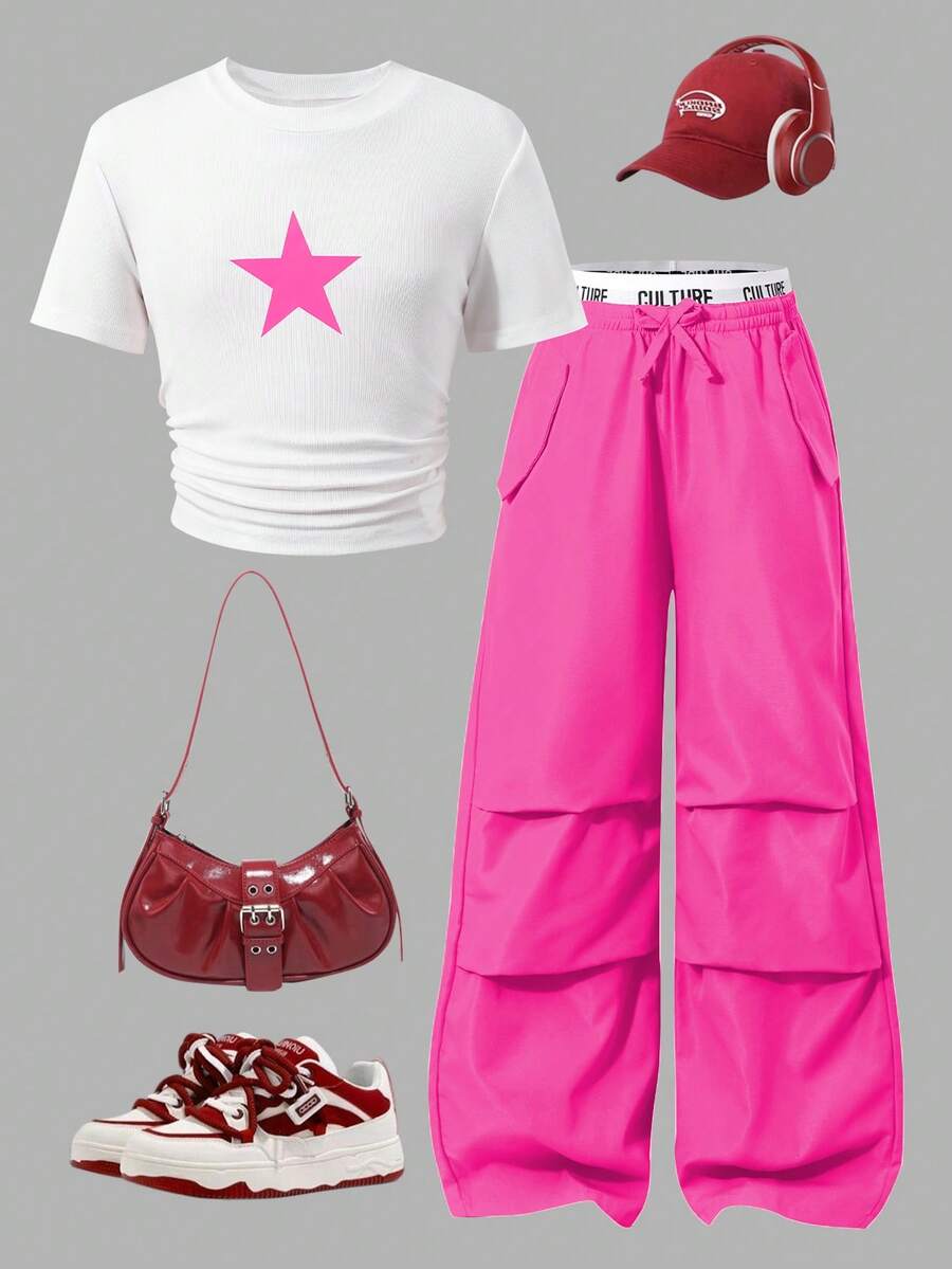 SHEIN 2pcs/Set Tween GirlsAmerican Style Graphic T-Shirt And Casual Cargo Pants Set, Fashion Outfit For Daily, Vacation - Hot Pink - View 1