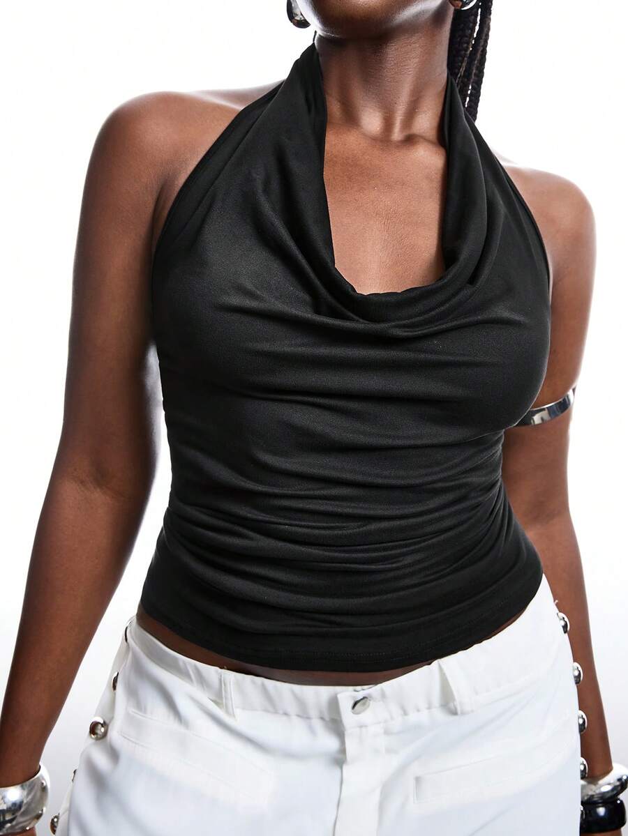 SHEIN EZwear Blusas informales de talla grande de unicolor con cuello halter y ajuste sencillo - Negro - Ver 1