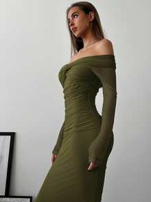 Aloruh 露肩网纱扭结褶皱连衣裙，浪漫约会之夜长袖礼服 - 軍綠色 - 查看 7