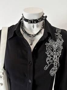 Jeanoix Sexy Embroidered Vintage Front Button Fashionable Versatile Long Sleeve Shirt - Black - View 3
