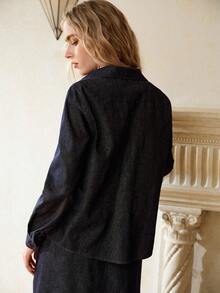 MOTF PREMIUM 女士优雅撞色滚边牛仔衬衫（不含腰带） - 黑色 - 查看 5