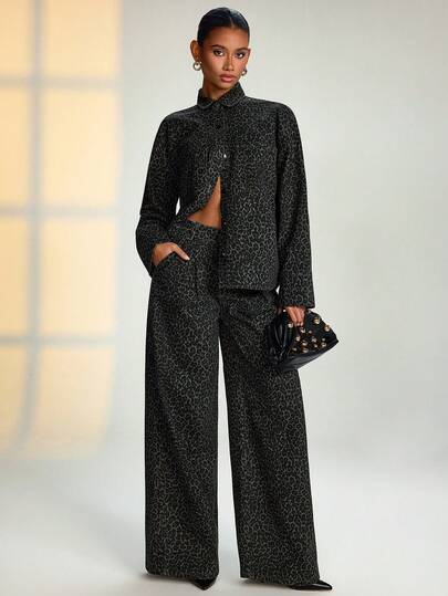 SHEIN Lopard Casual Women Set Skjorta Och Jeans Tvådelat Set Högmidjad Denim Jeans Vida Ben Och Oversize Skjorta