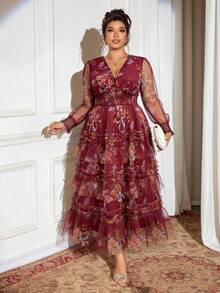 Elenzga 新款网纱印花连衣裙，适合晚宴、约会、下午茶、生日、婚礼等场合，松紧腰设计，休闲大码连衣裙 - 紅色 - 查看 3