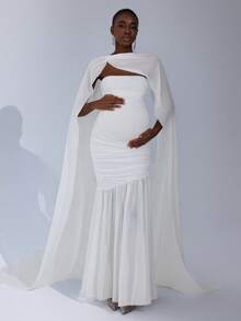 Cheriluna Maternity Elegant Maternity Photography Dress, High Stretch Shawl Collar Dress, Fitted Maternity Gown Maternity White Dress Pregnancy Photoshoot Dress Pregnancy Clothing Pregnant Outfits - White - View 3