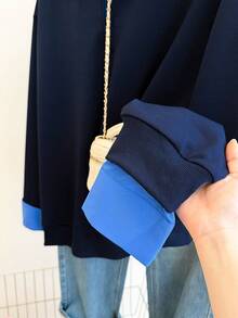 INAWLY Sudadera de 2 en 1 con cuello de contraste y hombros caídos - azul real - Ver 8