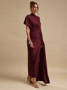 SHEIN BAE Elegant Sleeveless Wrap Dress, Solid Deep Wine Red, Fitted Ruched, Spring/Summer - Burgundy - View 6