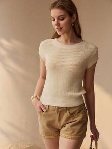 MOTF PREMIUM SOLID CAP SLEEVE SLIM FIT RIBBED KNIT TOP - Beige - View 5