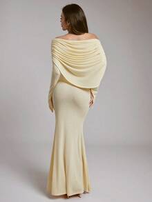 Hauture Women's Daily Going Out Off Shoulder Ruched Soft Knit Butter Yellow Maxi Dress - Light Yellow - View 4