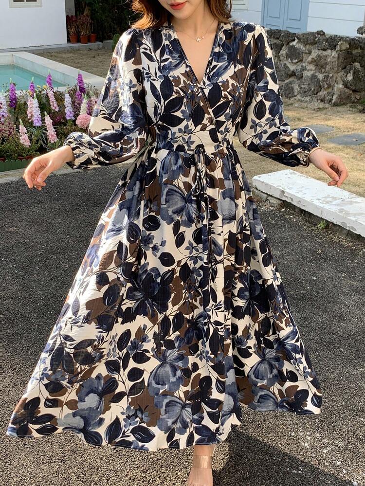 Women's Floral Print V-Neck Long Sleeve Mid-Length Dress Sundress Boho