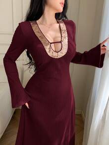 Feyla Đầm nữ thời trang đính sequin tay loe. - Màu Đỏ Sâu - Xem 2