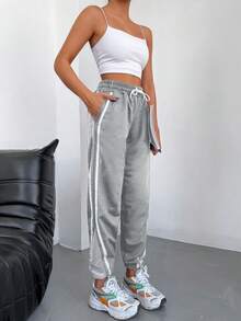 EURMUSE Contrast Tape Drawstring Waist Slant Pocket Joggers - Light Grey - View 4