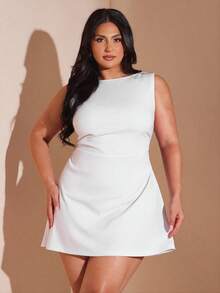 SHEIN BAE Plus Size Women's Red Ruched Mini Dress, Elegant Beach Vacation Dress For Spring/Summer - White - View 5