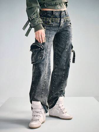 Grunge Punk Punk Wasteland 2-in-1 Cargo Jeans mit Doppelgürtelband