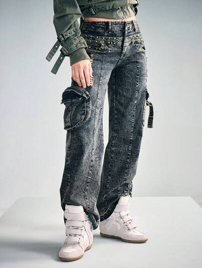 Grunge Punk Punk Wasteland 2 In 1 Double Waistband Cargo Jeans