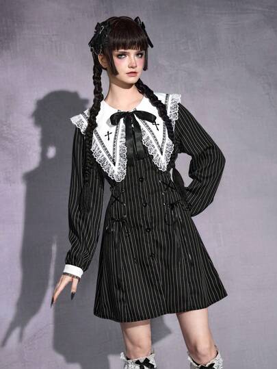 Goth Abito mini aderente a-line con colletto a punta, pizzo a contrasto e righe, stile gotico dark doll