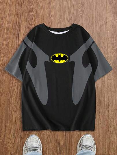 BATMAN X SHEIN Herr T-shirt med rund hals och kort ärm, kontrastfärgad fladdermustryck, sommar, avslappnad