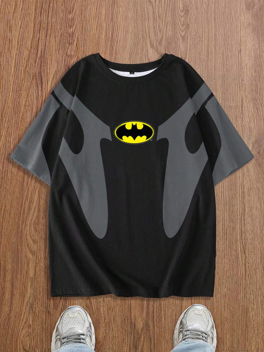 BATMAN X SHEIN Men's Casual Contrast Color Bat Print Round Neck Short Sleeve T-Shirt, Summer