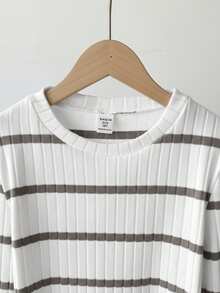 SHEIN 少女罗纹圆领长袖休闲宽松加厚T恤，秋冬套头衫 - 卡其色 - 查看 6