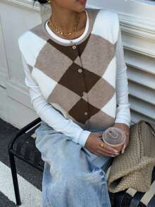 Siren Gaze 女士棕色菱形格纹针织背心，秋冬新品 - 棕色 - 查看 1