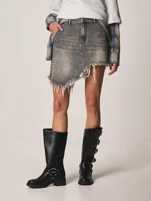 MISSGUIDED 不对称下摆牛仔迷你裙，毛边做旧复古水洗休闲夏季时尚 - 灰色 - 查看 1