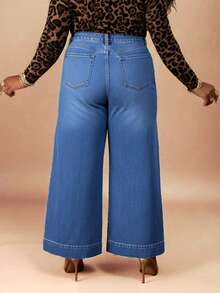 CurvyTilda Plus Size Women Button Pocket Casual Wide Leg Jeans Casual Street Patchwork Pocket Loose Wide Leg Jeans Women Jeans Baggy Loose Jeans Thermal Denim Autumn And Winter New Styles, For Hourglow & Hourglass Body Shape - Blue - View 3