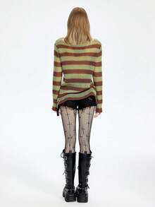 Chiquease Women's Basic Minimalist Striped Gothic Style Sexy Ripped Sweater - Green - View 2