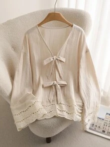 CosyJoli Plus Size Casual V-Neck Long Sleeve Shirt With Tie-Up,Slightly Sheer, Floral Lace Patchwork Texture Clothes For Women Spring