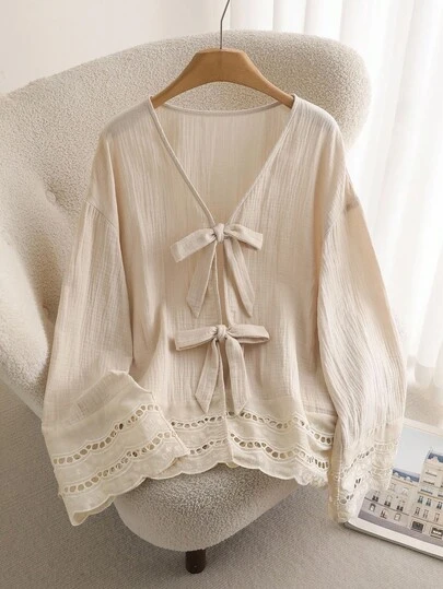 CosyJoli Plus Size Casual V-Neck Long Sleeve Shirt With Tie-Up,Slightly Sheer, Floral Lace Patchwork Texture Clothes For Women Spring