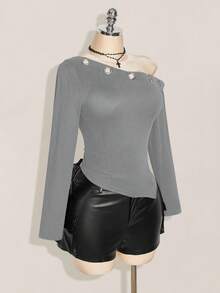 SHEIN ICON Áo len dệt kim tay dài đính lỗ kim loại chéo vai cỡ lớn, thời trang thu đông Y2K cổ điển - Màu Xám nhạt - Xem 5