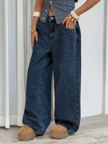 SHEIN PETITE 女士宽松版型带口袋阔腿休闲牛仔裤 - 藍色 - 查看 6