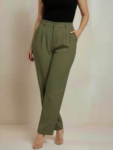 Pantalón formal dama sastrero tiro alto corte recto pierna ancha pretina cierre frontal bolsillos laterales acabado - Militar - Ver 2