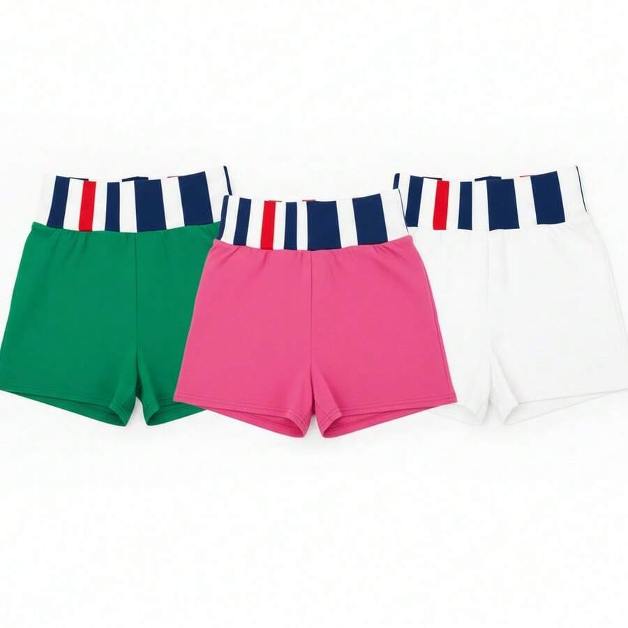 Pantalones cortos de COLOR VERDE, BLANCO y ROSA 3PK  deportivas cortas unisex con pretina elástica a rayas tricolor, pantalón corto de entrenamiento para gym, yoga, correr o uso diario, en colores rojo, verde, negro, blanco, rosa y azul marino, tela suave tipo compresión para deporte y casual - VERDE - Ver 1