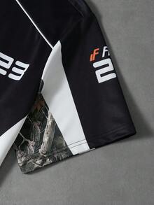 PAVTROS 男士休闲运动短袖T恤短裤套装（2件套），宽松落肩T恤，抽绳腰带短裤，针织运动裤，树枝迷彩，时尚数字，迷彩交通堵塞图案，时尚运动，街头运动，日常休闲，户外运动，返校通勤，男友礼物，节日礼物 - 黑色 - 查看 7