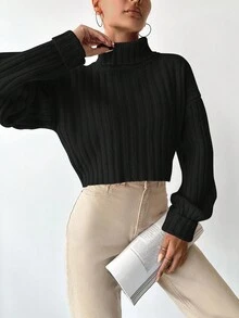 EURMUSE Turtleneck Drop Shoulder Ribbed Knit Sweater - Black - View 5