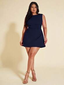 SHEIN BAE Plus Size Women's Red Ruched Mini Dress, Elegant Beach Vacation Dress For Spring/Summer - Navy Blue - View 6