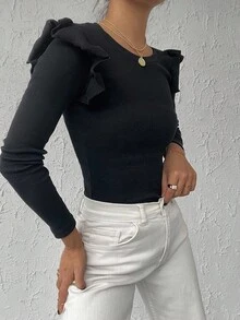 SHEIN Tall 高个子尺码 95% 棉 纯黑色 罗纹针织 荷叶边 休闲长袖T恤 - 黑色 - 查看 3