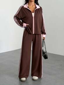 SHEIN PETITE Women's Contrast Stripe Jacket And Pants 2 Pieces Set Brown 2 Pieces Set Tracksuit Women Set 2 Pieces Lounge Sets Woman,Cozy Fall And Winter Clothes For Women - Brown - View 11
