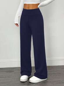 SHEIN PETITE 2件組女款休閒高腰翻折寬腿直筒長褲，適合夏季，小個子女性適用 - 彩色 - 查看 4