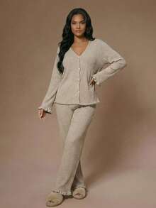 Lazeform Soft Rib Knit Frill Trim Front Button Decor Romantic Elegant Loungewear Pajama Set V Neck Lounge Wear Knit Pajama Set Long Sleeve Lounge Set - Apricot - View 2