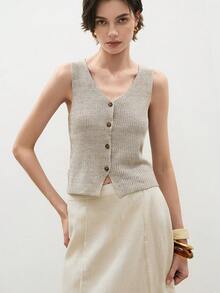 ATUI Studio 2025 秋季新款女士西部旅行欧美风通勤短款 V 领针织羊毛钩编背心，外出上衣，商务休闲女装，西部风女装，锐舞派对 - 卡其色 - 查看 4