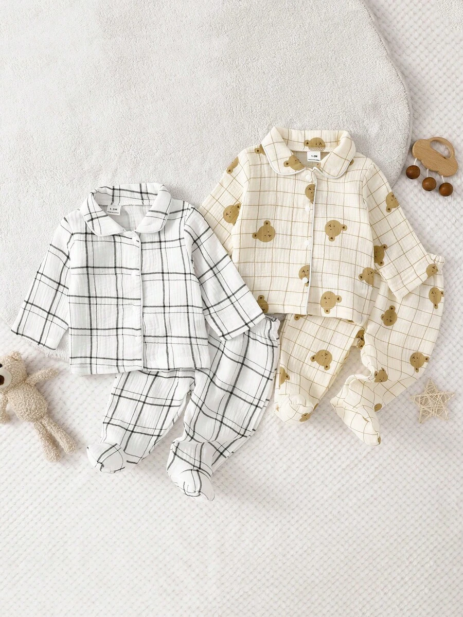 新生儿睡衣套装 - 两件套，格子图案，圆领长袖连脚裤，纽扣前开襟，中性米白色，四季皆宜，轻薄舒适，亲肤透气，2026 年假日必备 - 米色 - 查看 1
