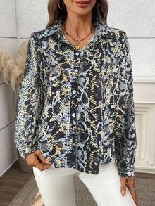 EMERY ROSE 女士蛇纹印花长袖衬衫，时尚百搭，适合日常通勤和度假，春秋季款 - 黑色 - 查看 3