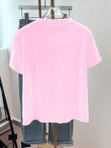 Resyla 女士休闲百搭心形串珠圆领短袖T恤 - 粉色 - 查看 2