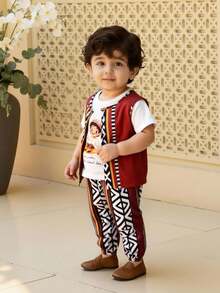 3件套幼儿男童阿拉伯风格灯笼印花短袖T恤、几何图案背心和裤子，休闲套装，适合中东节日穿着 - 紅色 - 查看 4